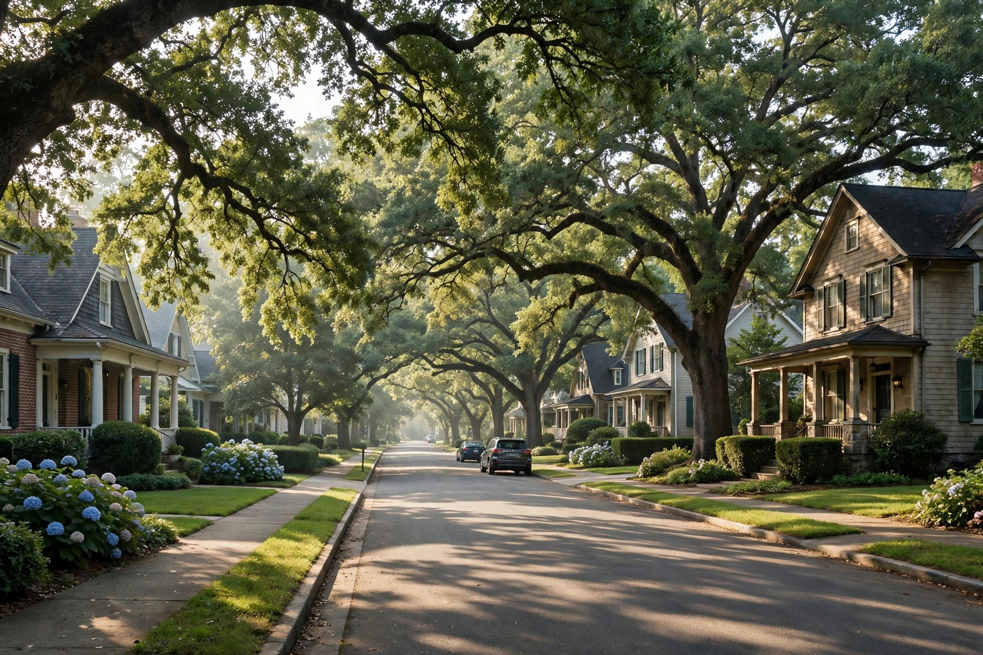 A settled residential road with older houses beneath mature trees